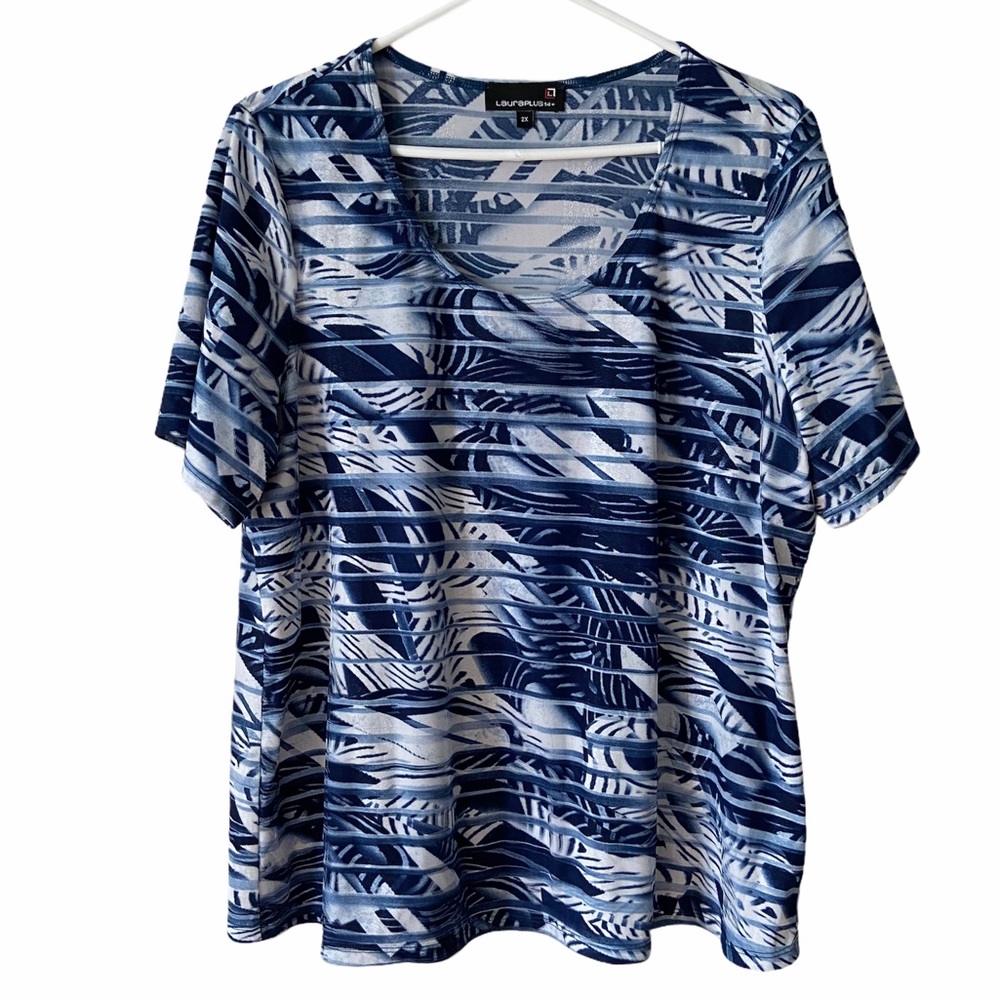 Laura Plus Blue White Short Sleeves T- Shirt Top 2X